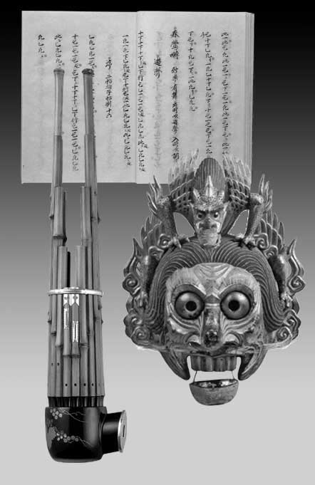 Pagina dallo “Kofu Ritsuryokan” (1201), che riporta la notazione di un brano per flauto – La maschera con fattezze di drago indossata dal danzatore del brano di bugaku “Ranryouoo” - Shou, specie di armonica a bocca a 17 canne usata nel gagaku