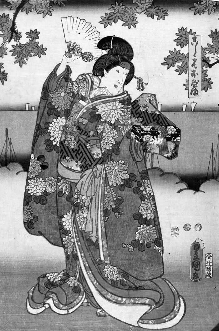 Utagawa Kunisada (Toyokuni III) “L&#039; attore Iwai Kumesaburō III nel ruolo di Koshimoto Oyama”, parte sinistra di un dittico, 1853