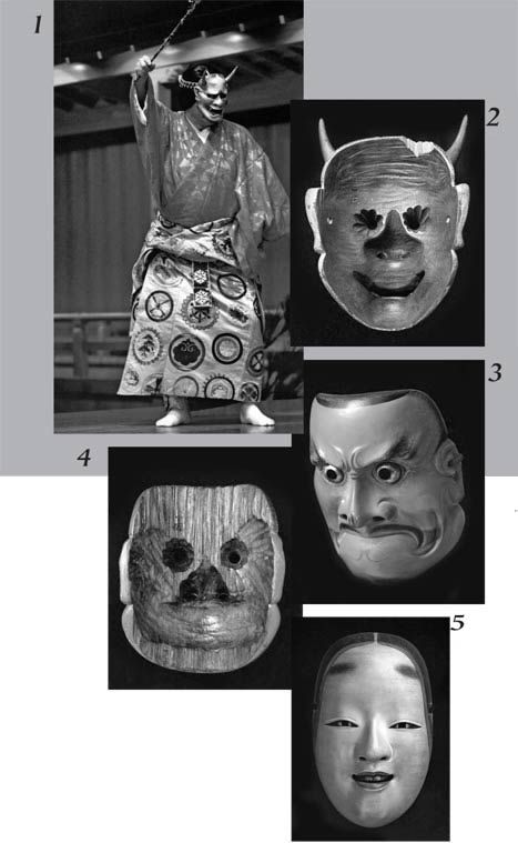 1. Attore con maschera hannya – 2. Retro di maschera hannya – 3. Maschera beshimi – 4. Retro di maschera beshimi – 5.Maschera koomote